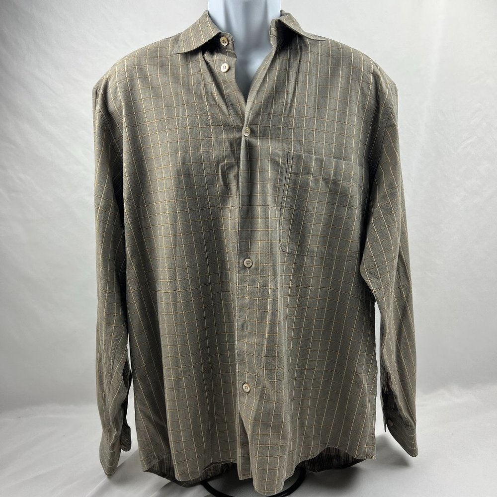 ERMENEGILDO ZEGNA Men Brown Plaid 100% Cotton Button Down Shirt Size L